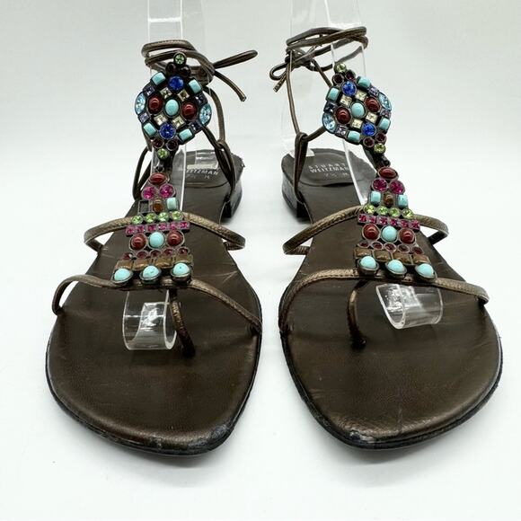 Stuart Weitzman Alaking Crystal Embellished Gladiator Sandal In Brass Mordorf - Picture 5 of 11